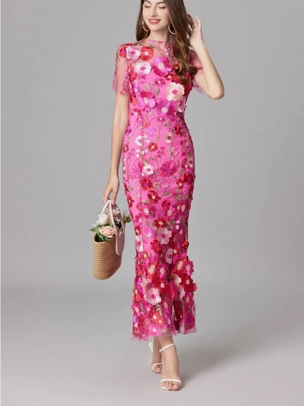 Floral AppliquΓ© Pink Mesh Maxi Dress- Women's